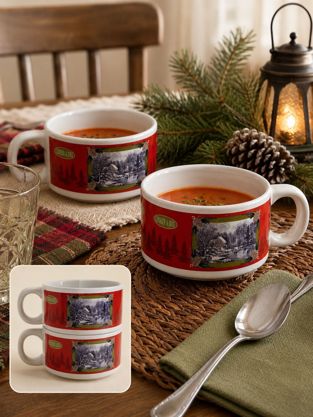 Currier & Ives Christmas Soup Mug Bowl Set of 2 Stackable Holiday Ceramic Cups